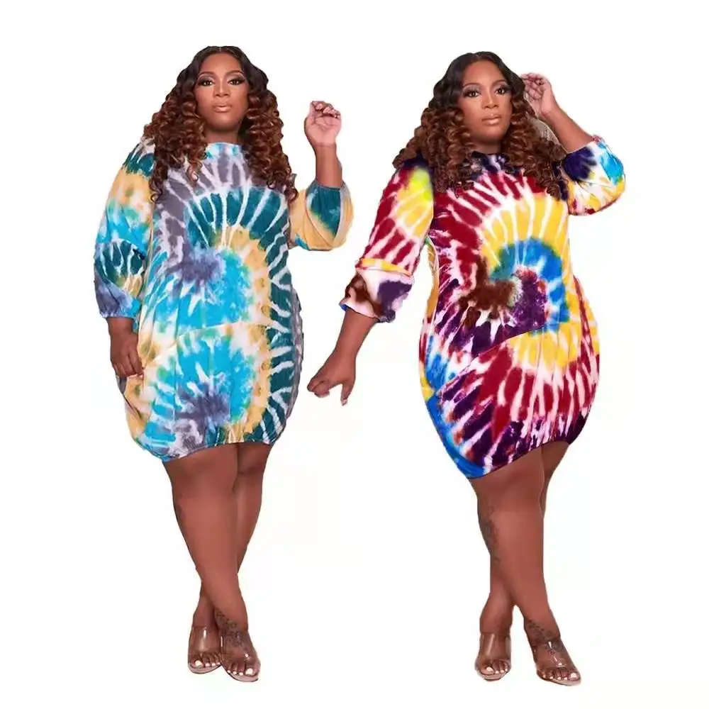 

fashion plus size women clothing tie dye t shirt dress long sleeve loose summer dress with pocket casual streetwear