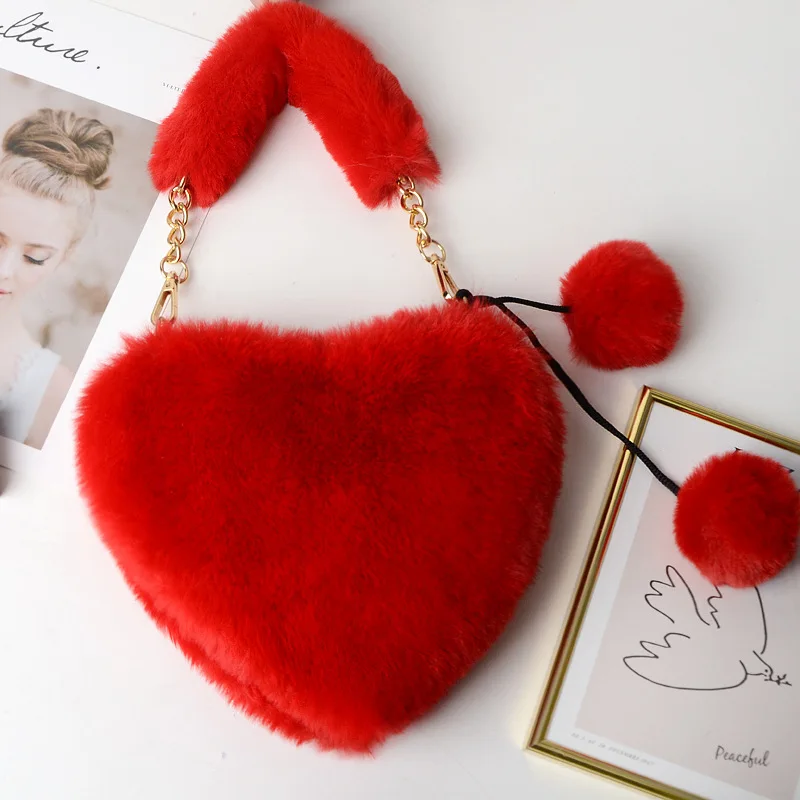 

2020 Popular Cute Plush Heart-shaped Handbags For Girls wholesale lovely fashion lady luxury faux fur purse with bows decoration, As show