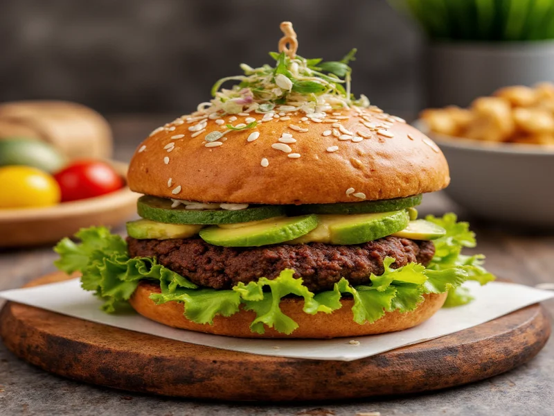 Black bean burger served with avocado and sprouts