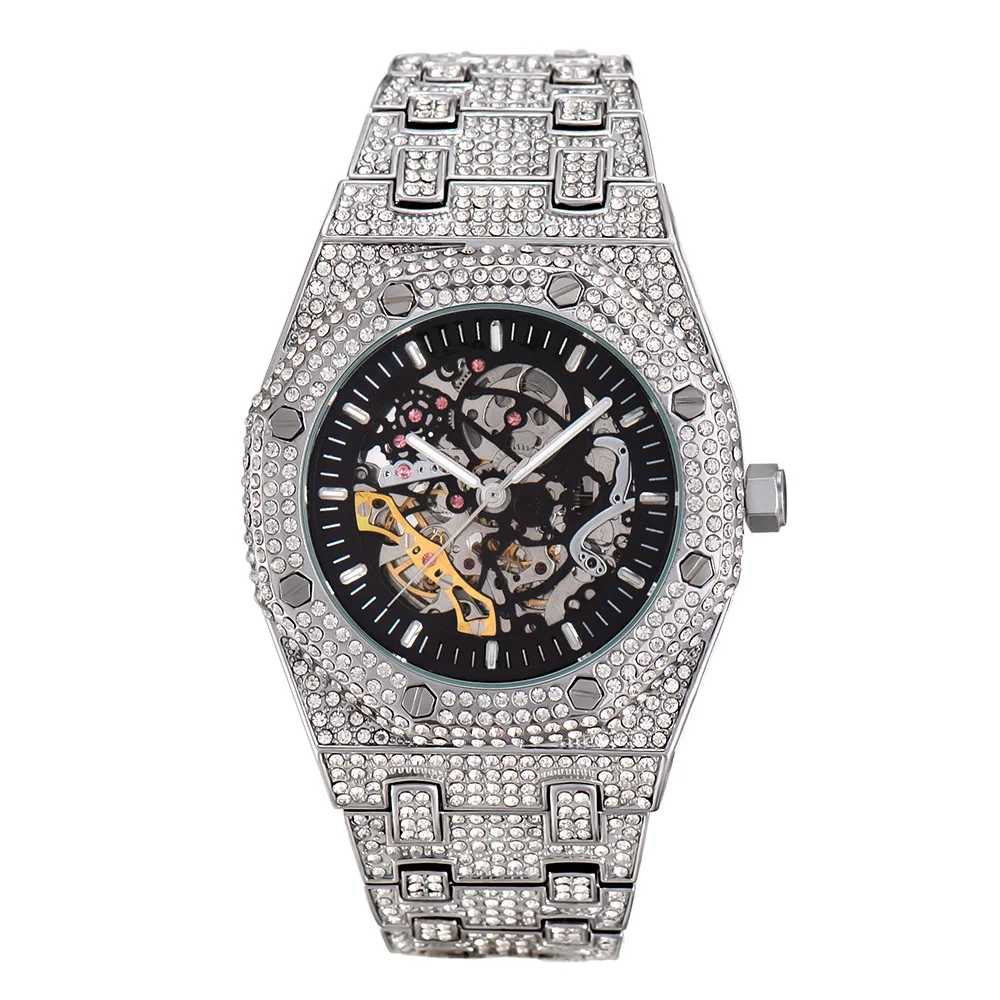 

OEM/ODM Low Moq Custom Logo Full Baguette Diamond Luxury Mens Mechanical Automatic Skeleton Watch