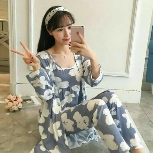 

2021 Summer Printed Floral 3 pieces pajamas cami pants robes sleepwear