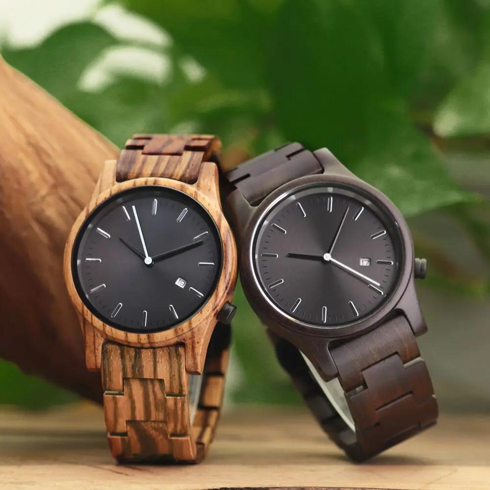 

Luxury Natural Quartz Movt Custom Logo Black Sandal Wood clock Watch Wristwatches Holz uhr Sports