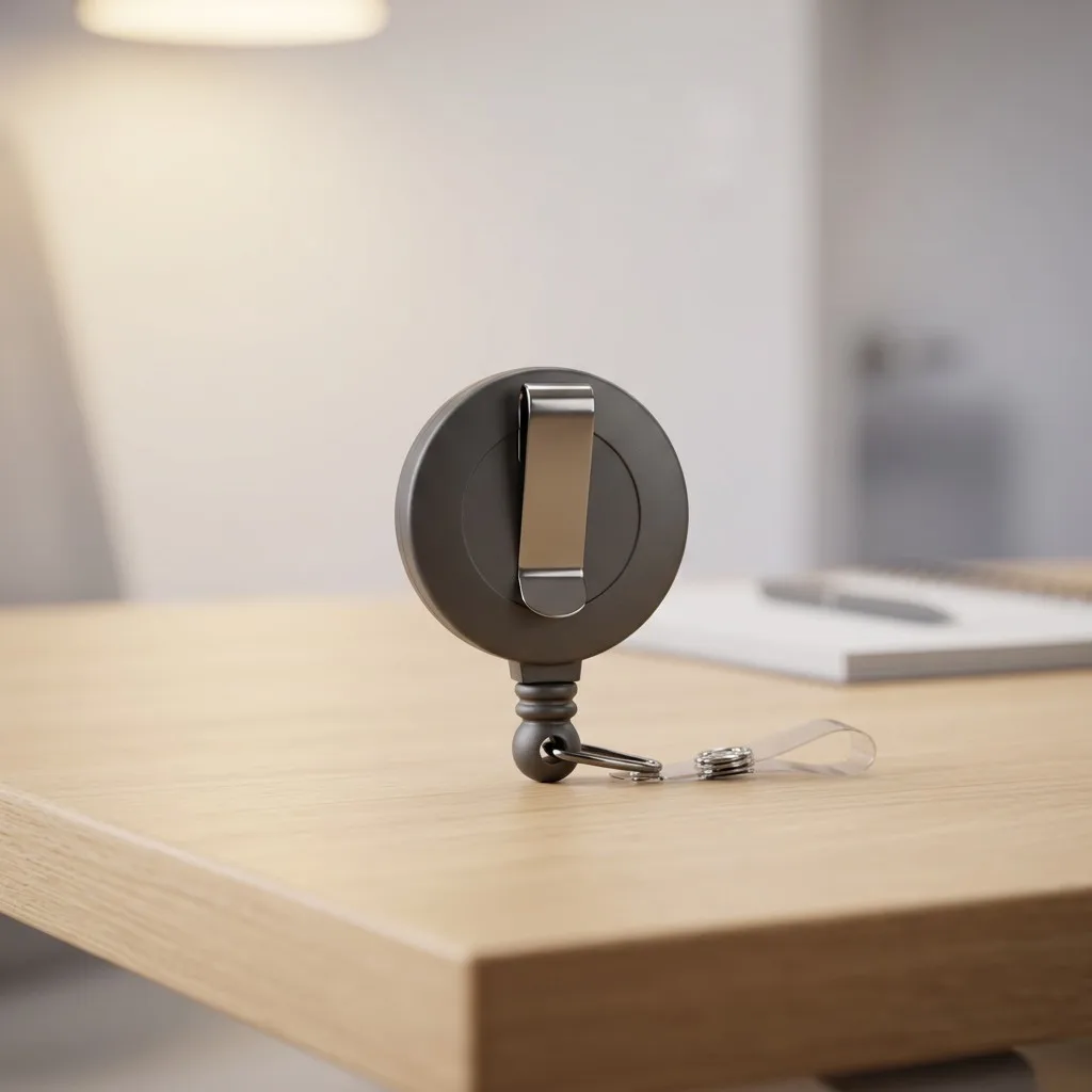 Badge reel resting on a light wooden desk