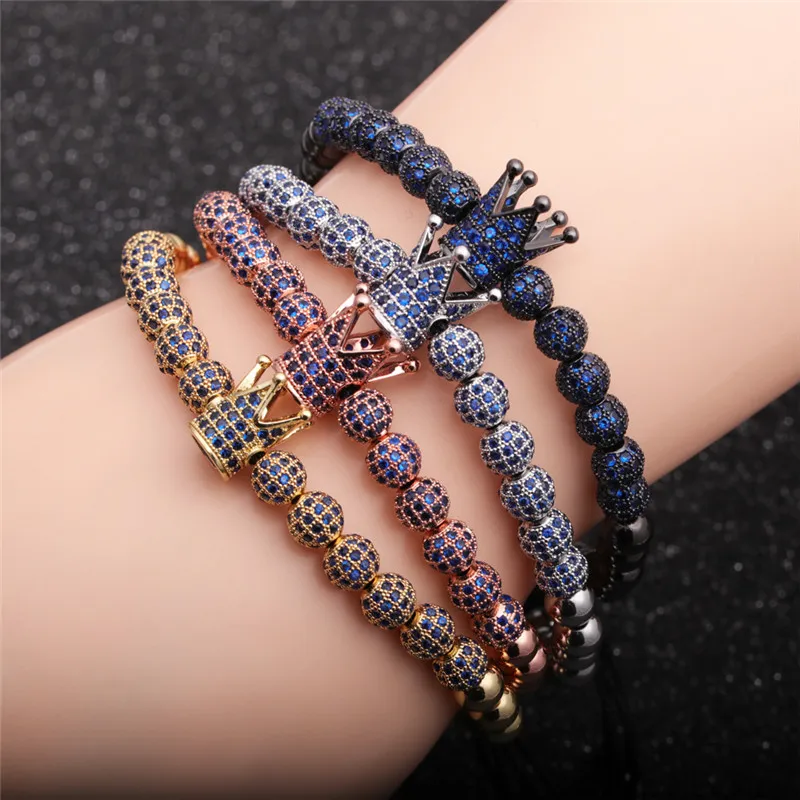 

Wholesale luxury jewelry custom 18k gold plated blue zircon adjustable cuff man crown beads bracelet bangle for gifts, Picture