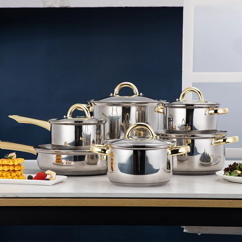 

Cookware Sets 12 Piece Combination Pot Set stainless steel Cook Pot Laser Accessories OEM Steel 201 metal Cookware Sets, Stainless steel color+gold color