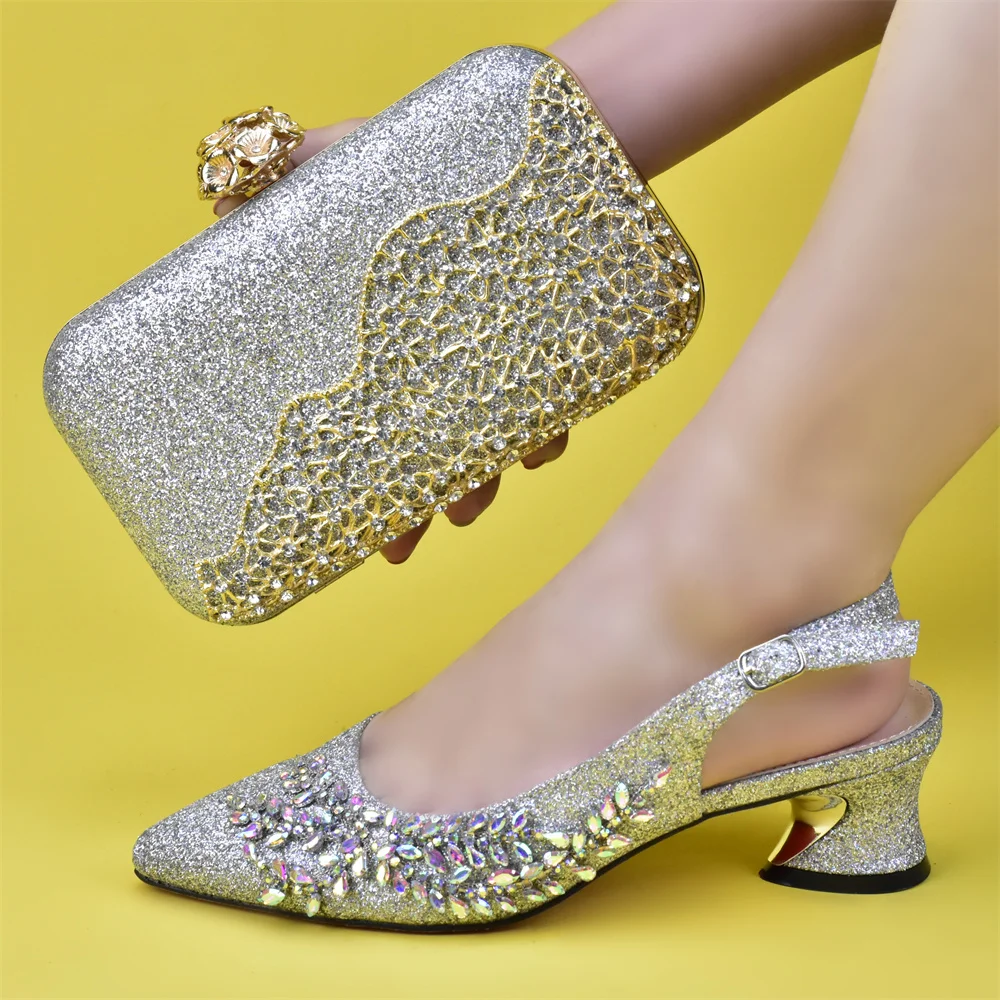 

Beautifical shoes and bags set for women stones 5.5cm nigerian wedding shoes and matching bag 938-40