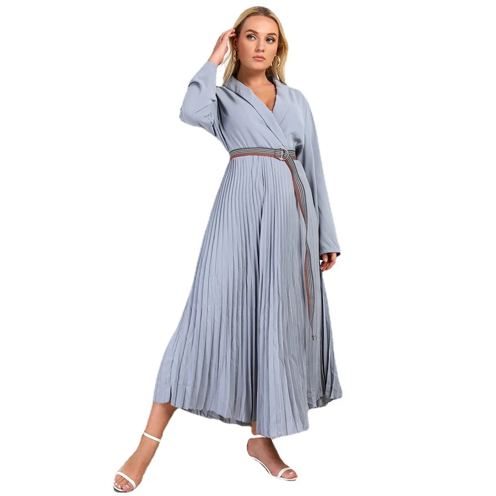 

Autumn new style pleated skirt solid color blue European and American dress fashion elegant plus size women's clothing