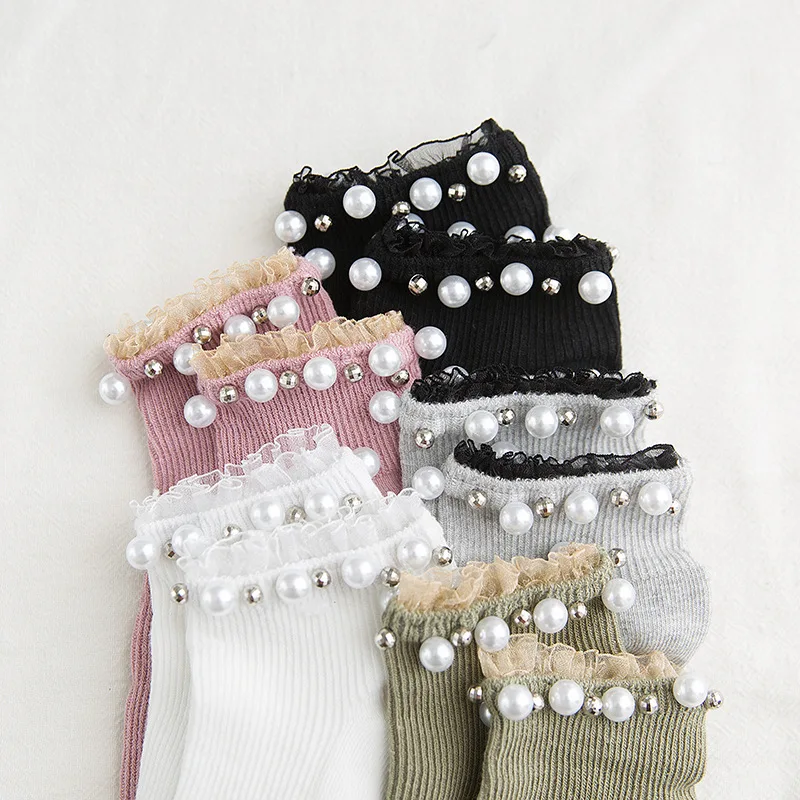 

New fashion sock womens cotton ankle pearl lace women socks