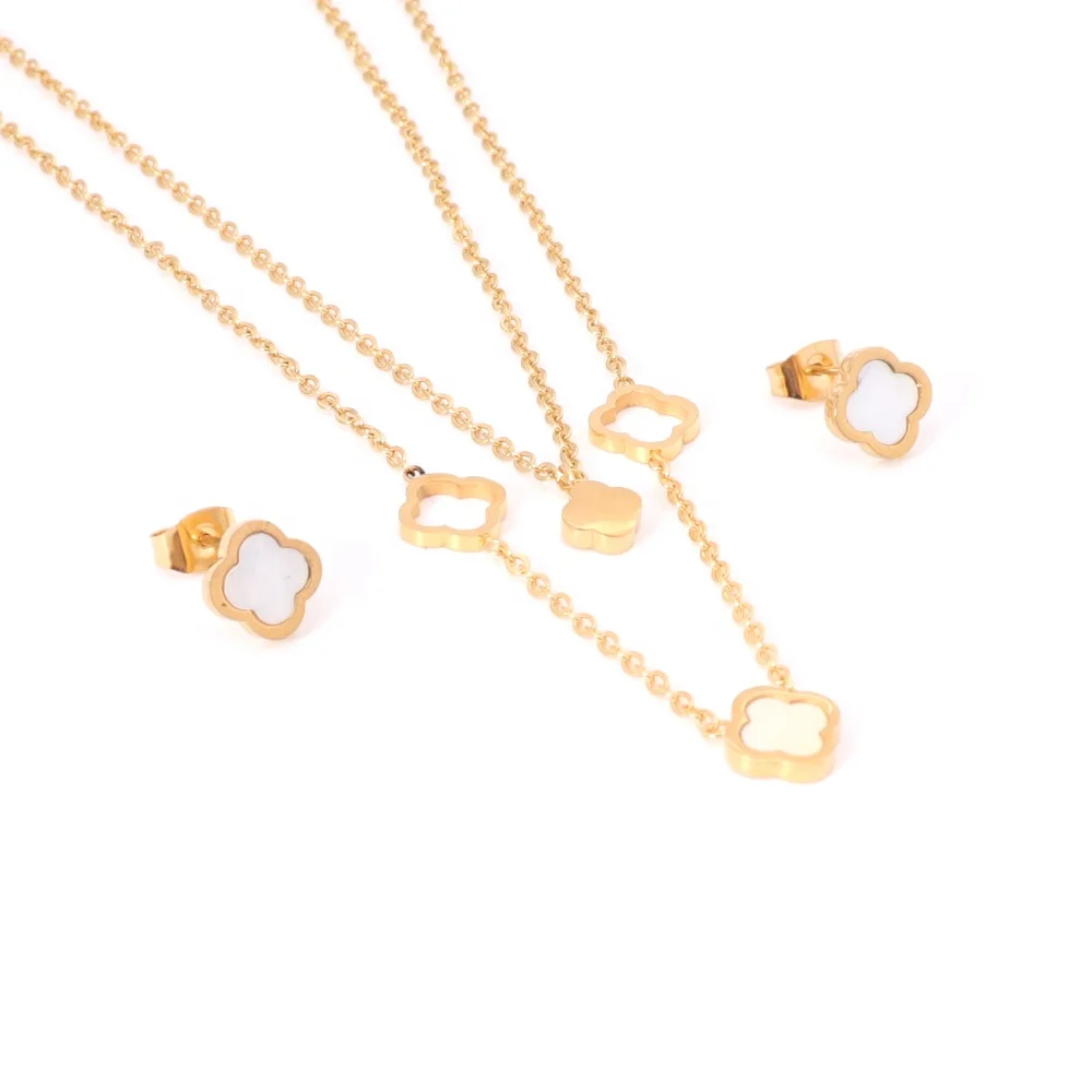 

Simple Girl Set Fashion Gold Plated Clover Shell Stone Element Conjunto De Joyas Jewelry Women Joyera