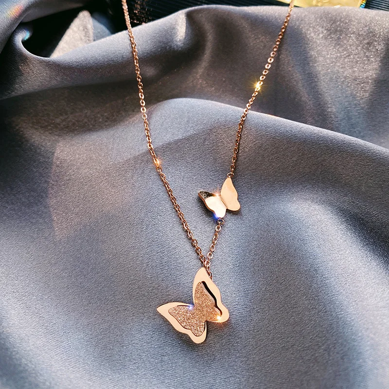 

Frosted Butterfly Necklace For Women Girls Stainless Steel Rose Gold Plated Clavicle Chain Choker Butterfly Pendant Necklace