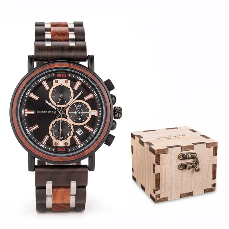 

DODO DEER Wholesale New style handcraft reloj de hombre wrist ebony wood watch OEM auto week date display with logo customized