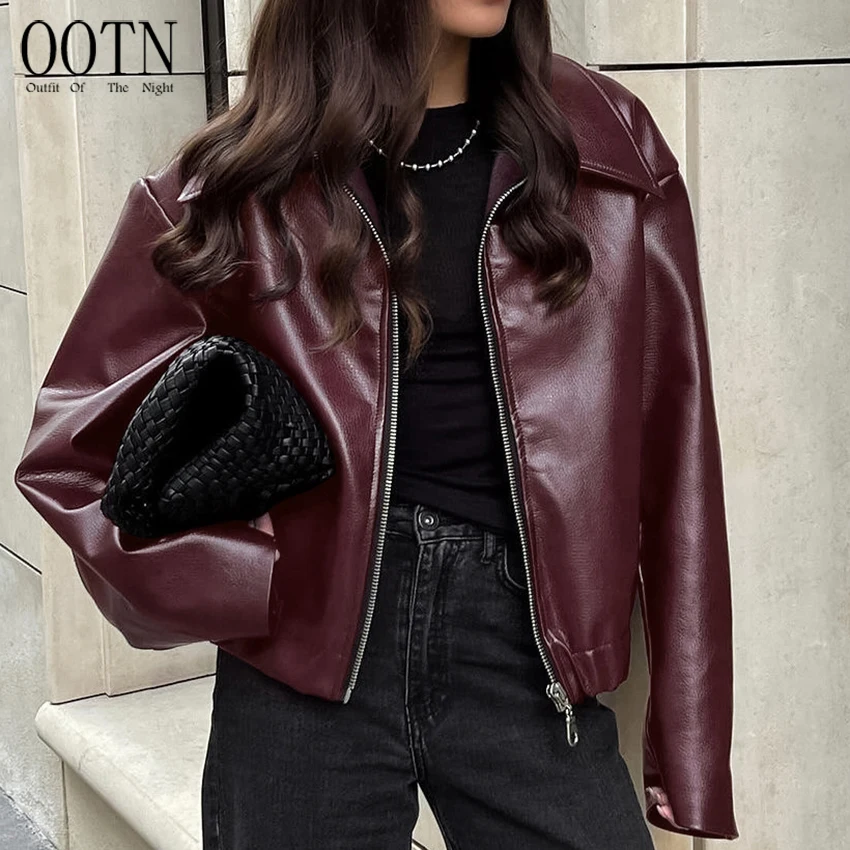 OOTN Autumn Winter Burgundy Ladies Jacket Leather Lapel Warm Coat Fashion Women Simple Burgundy PU Jacket Coat With Zip