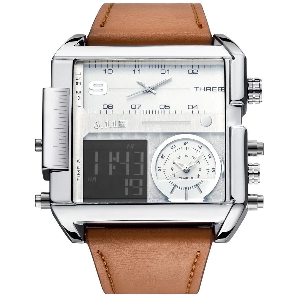 

6.11 watch 8145 hot sell silver man timepiece cool Genuine Leather Strap square Multi function big casual wrist watch