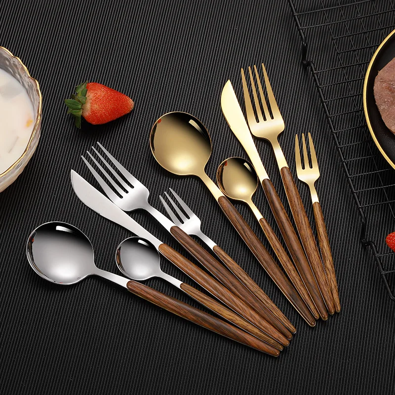 

Eco-friendly dinnerware set plastics wood handle spoon fork and knife stainless steel cutlery set, Sliver,gold
