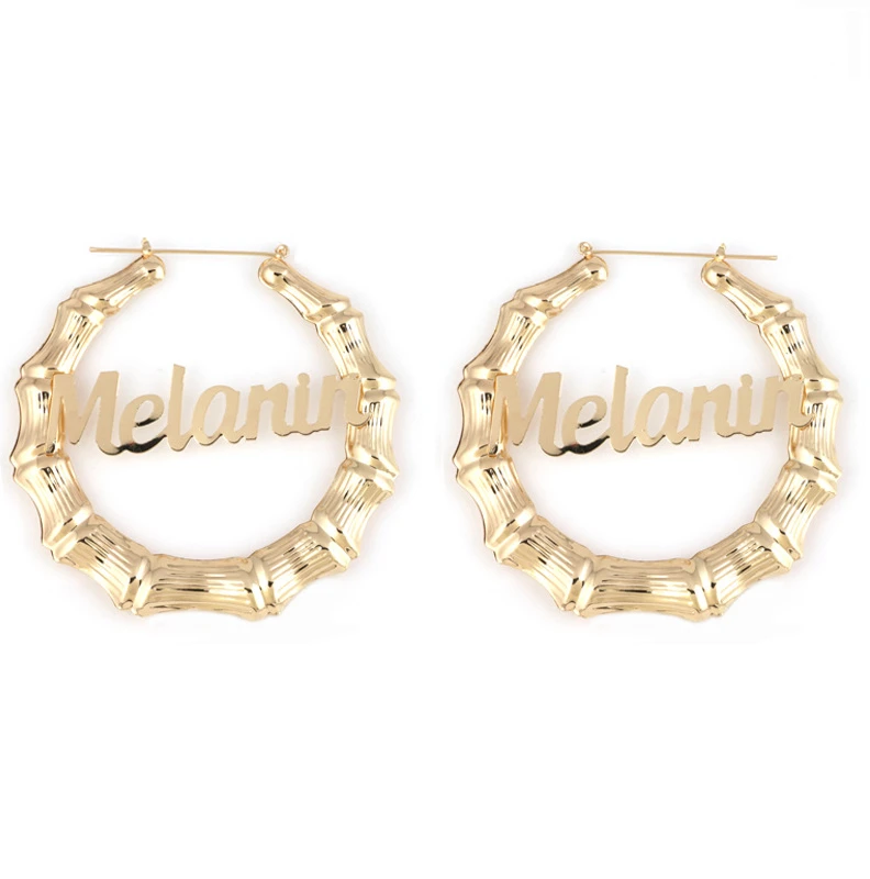 

Round bamboo earrings English letters melanin personality exaggerated fashion women's earrings