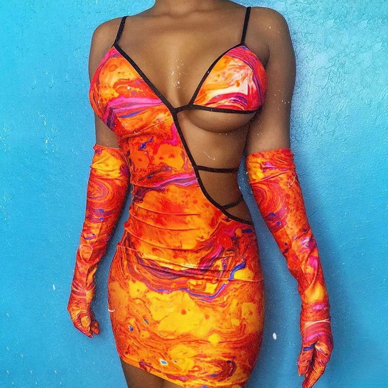 

X00351L Phoenix New arrival sexy women dress+Halter v-neck sexy hollowed-out backpack hip print dress, Orange