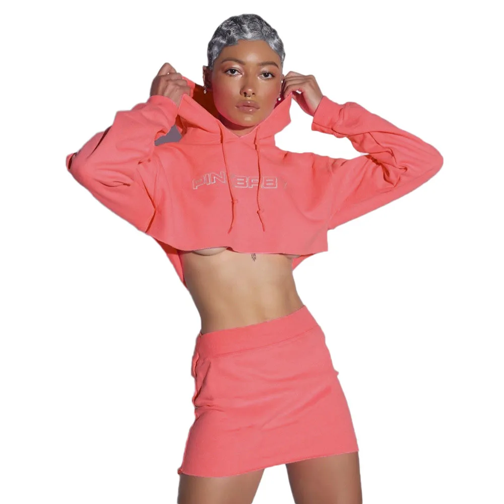Autumn reflective clothing gym crop top oversized hoodie mini top yoga tracksuit crop top custom two piece skirt short set