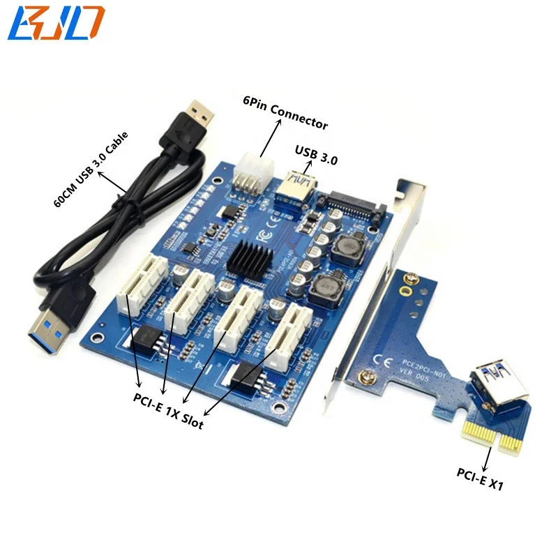 

Wholesale PCI Express PCIe to 4 PCI-E 1X Connector Expansion Riser Card for GPU Extender Riser in stock