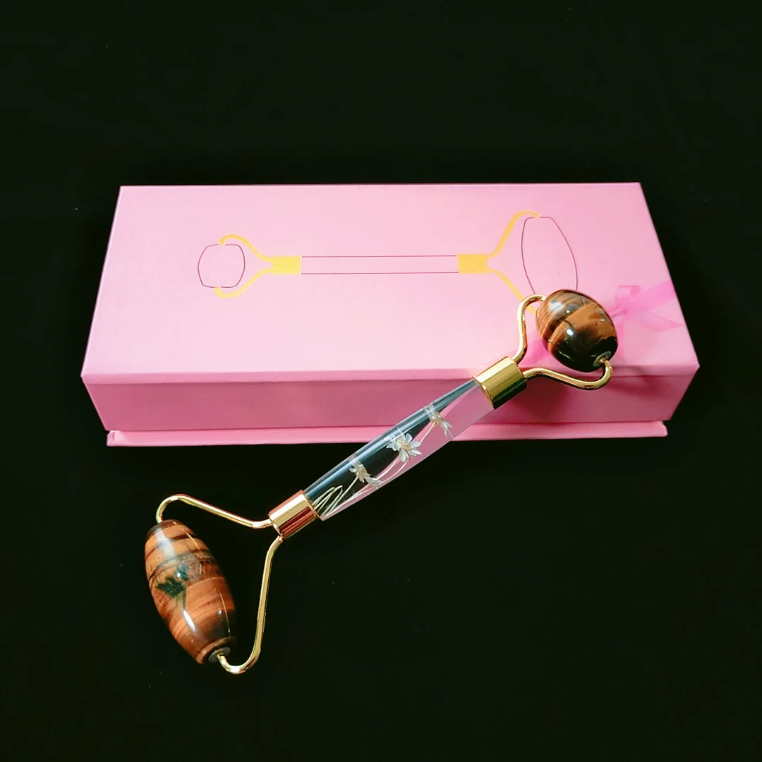 

100% natural stone face flower handle roller yellow tiger eye jade facial eye roller with box