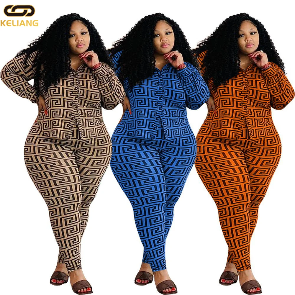 

In Stock Fall 2021 Long Sleeve Plus Size Women Print Casual Clothing Jeans 2pc Shirt Pants Set For Fat