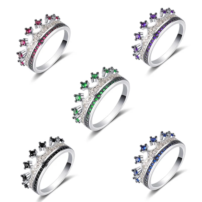 

Romantic Crown Rings Silver Color Blue Red CZ for Women Fashion Green Zirconia Jewelry Wedding Rings wholesale, Blue ,purple,red,green