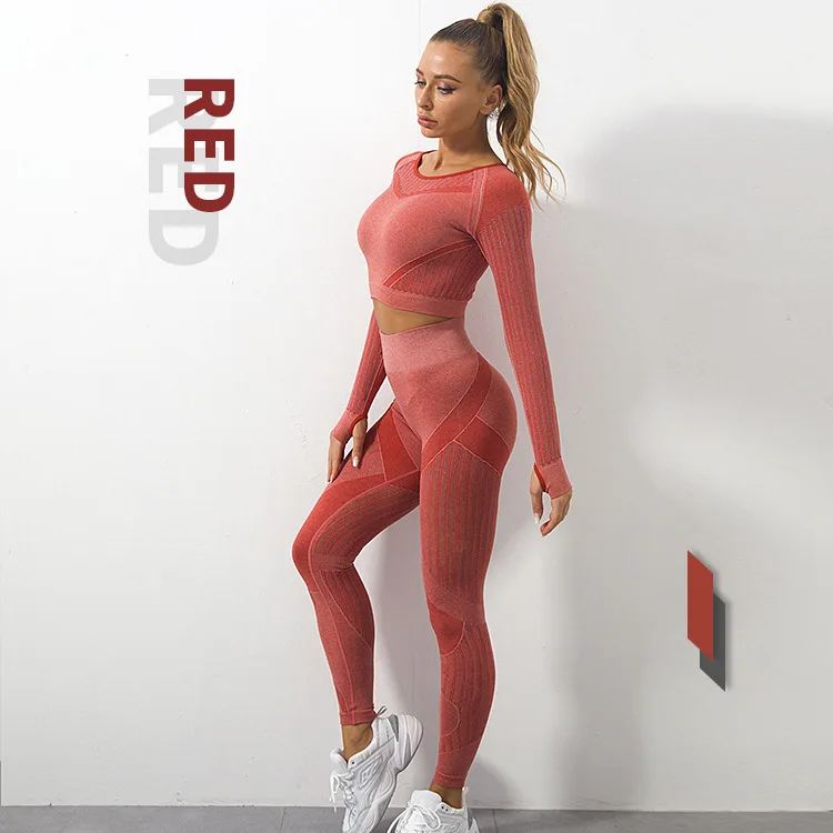 

Yoga Set Hollow Out Breathable Butt Lift Stretch Leggings Seamless Long Sleeves Tops Gym Fitness Yoga Sets
