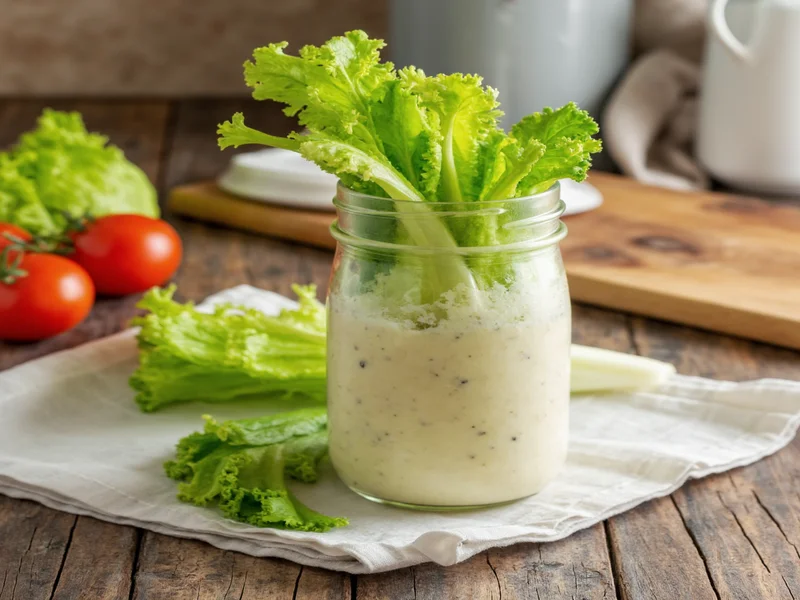 Homemade Caesar dressing in mason jar with romaine