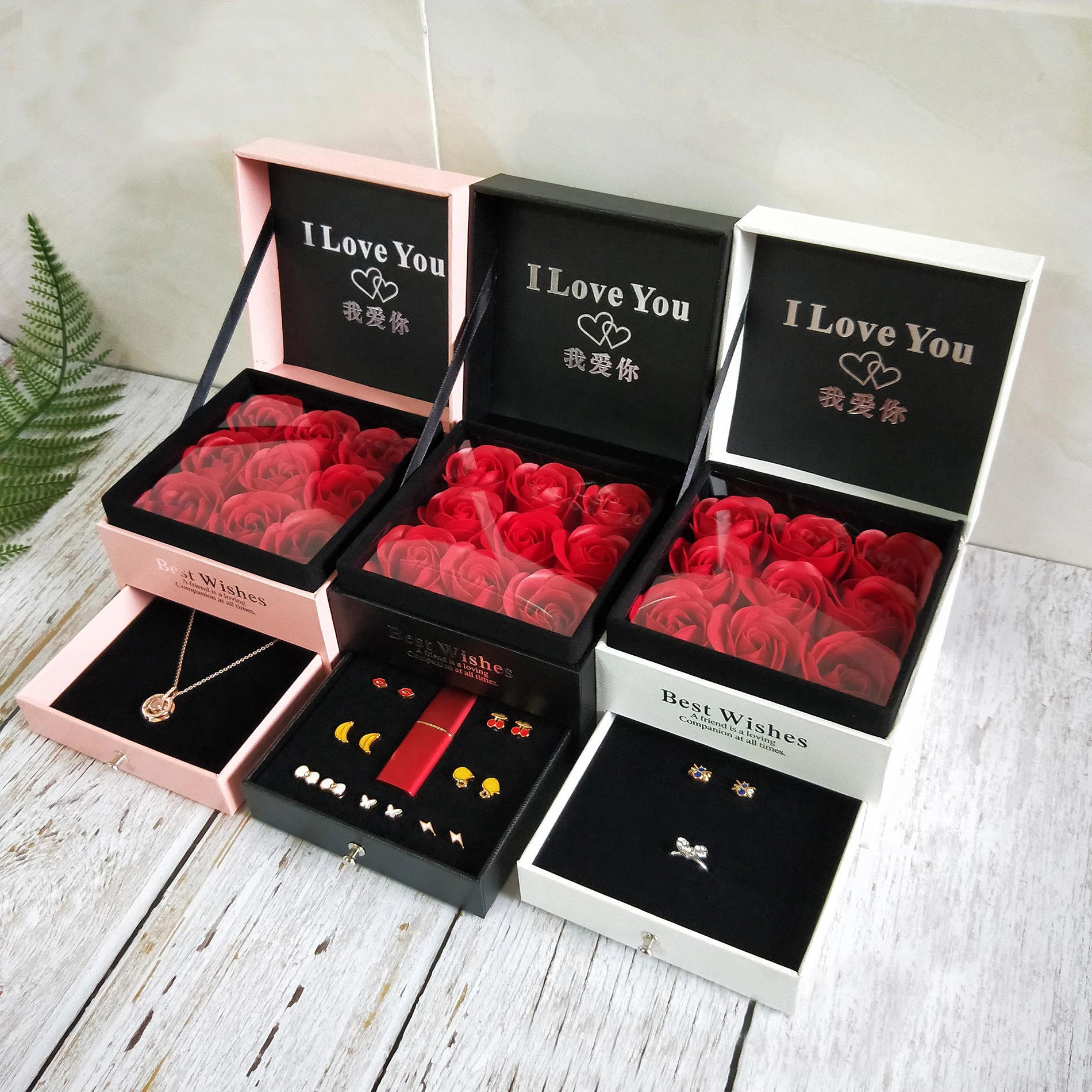 

Customized Mix Color Pink Jewelry Set Gift 2 Layer Packaging Box With Logo, Whit pink black(customized)