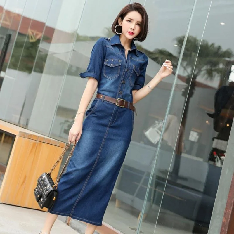 

England Style short sleeve solid blue women denim slim one-piece dress with cotton