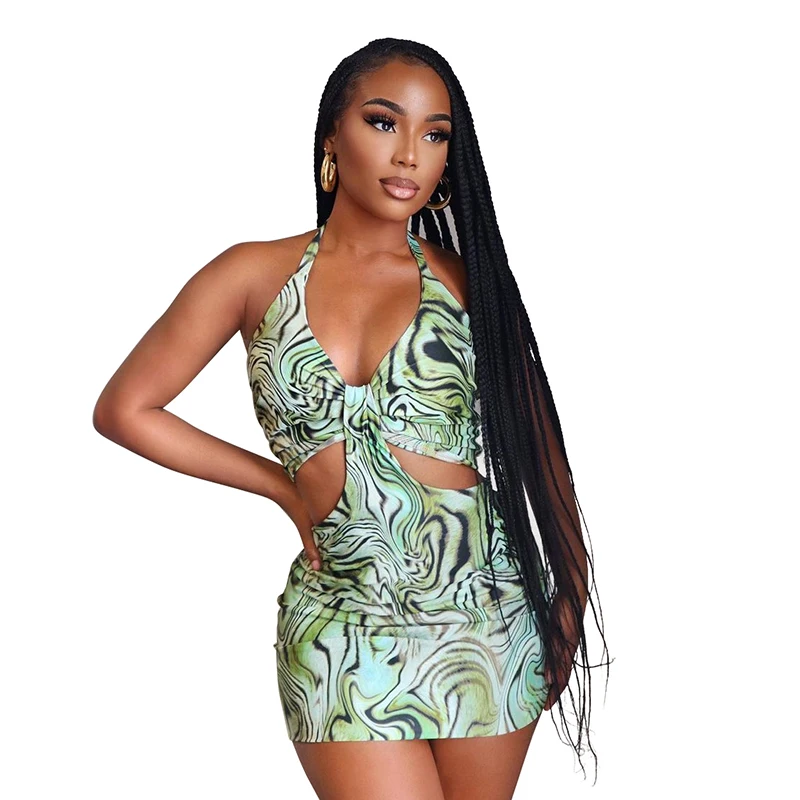 

2021 Summer Odyssey Print Hollow Out Slim Halter Bodycon Dress Beach Vacation Leisure Ladies Backless Sexy Women Camis Dresses