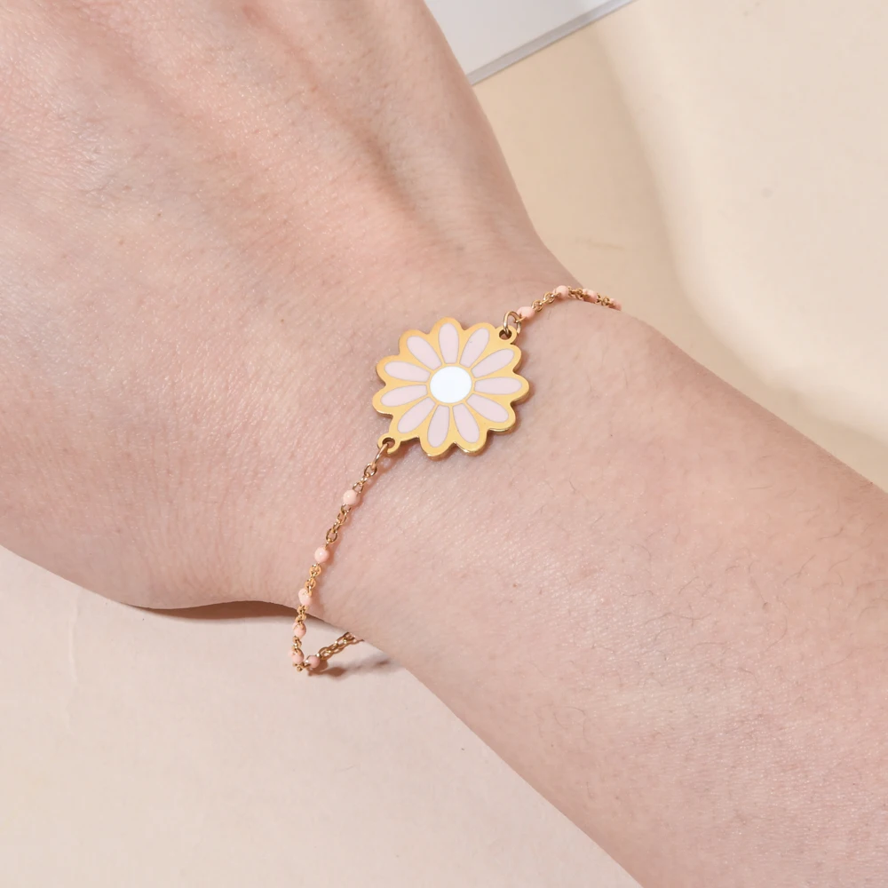 

New Enamel Boho Chain Stainless Steel Sweet Sunflower Daisy Flower Jewelry Women's Bracelet Handmade Accessories Wholesale