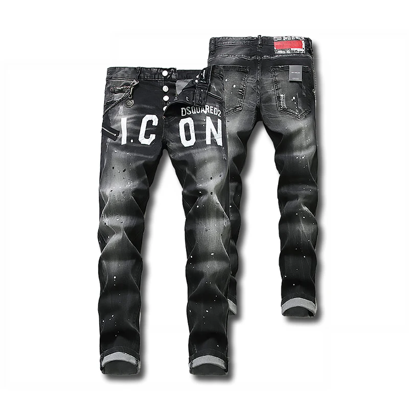 

HZZ1 Stretch Denim Mid-Waist Zipper Men Jeans Washed Slimming DSQ2 Long Pants