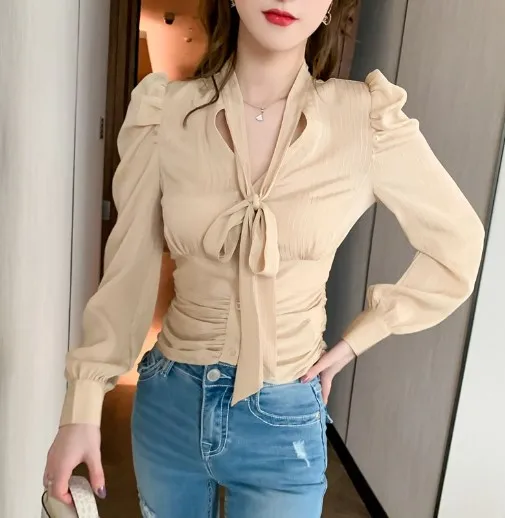 

Autumn New Female Korean Version Of The V-Neck Long Sleeve Solid Color Chiffon Shirt Ladies' Blouses