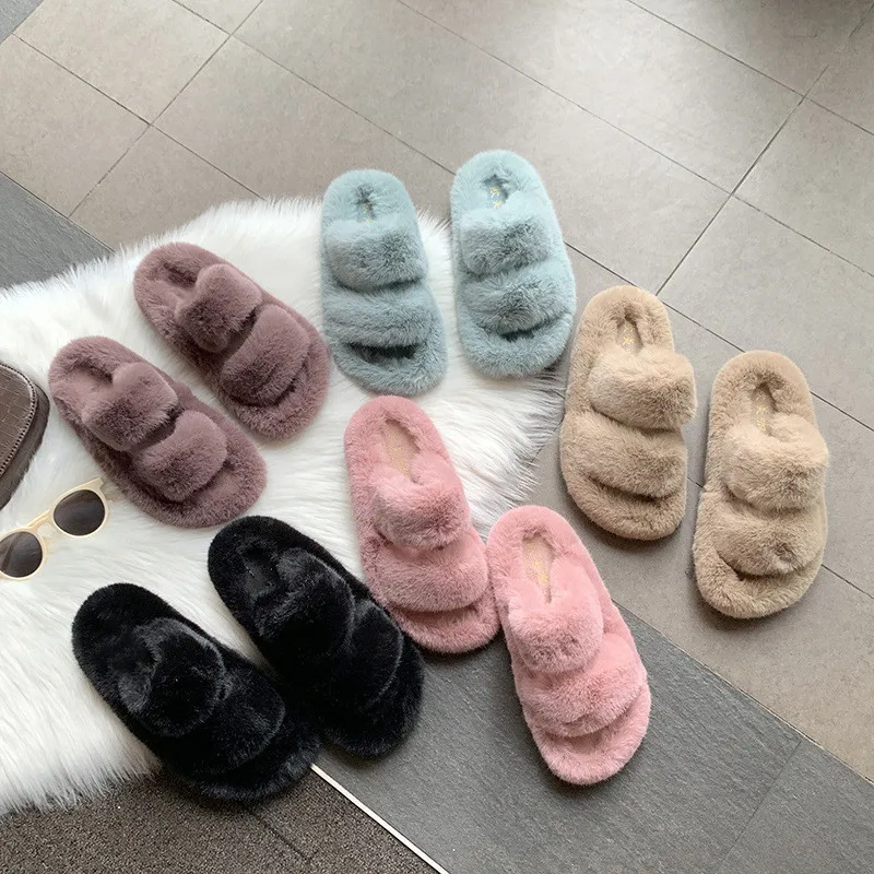 

New Arrival Factory Price Cheap Wholesale non-slip fur slides, Faux Fur winter Women Two Band Strap Slipper