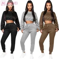 

Y2033 hot sale sold color fleece crop hoodie pockets leisure Crop Top Women 2 Piece Set Clothing