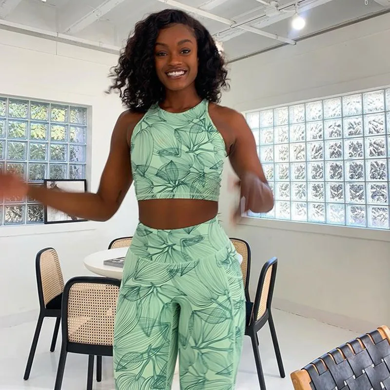 

Woman Printed Fitness Sports Sleeveless Vest Breathable Yoga Two Piece Set