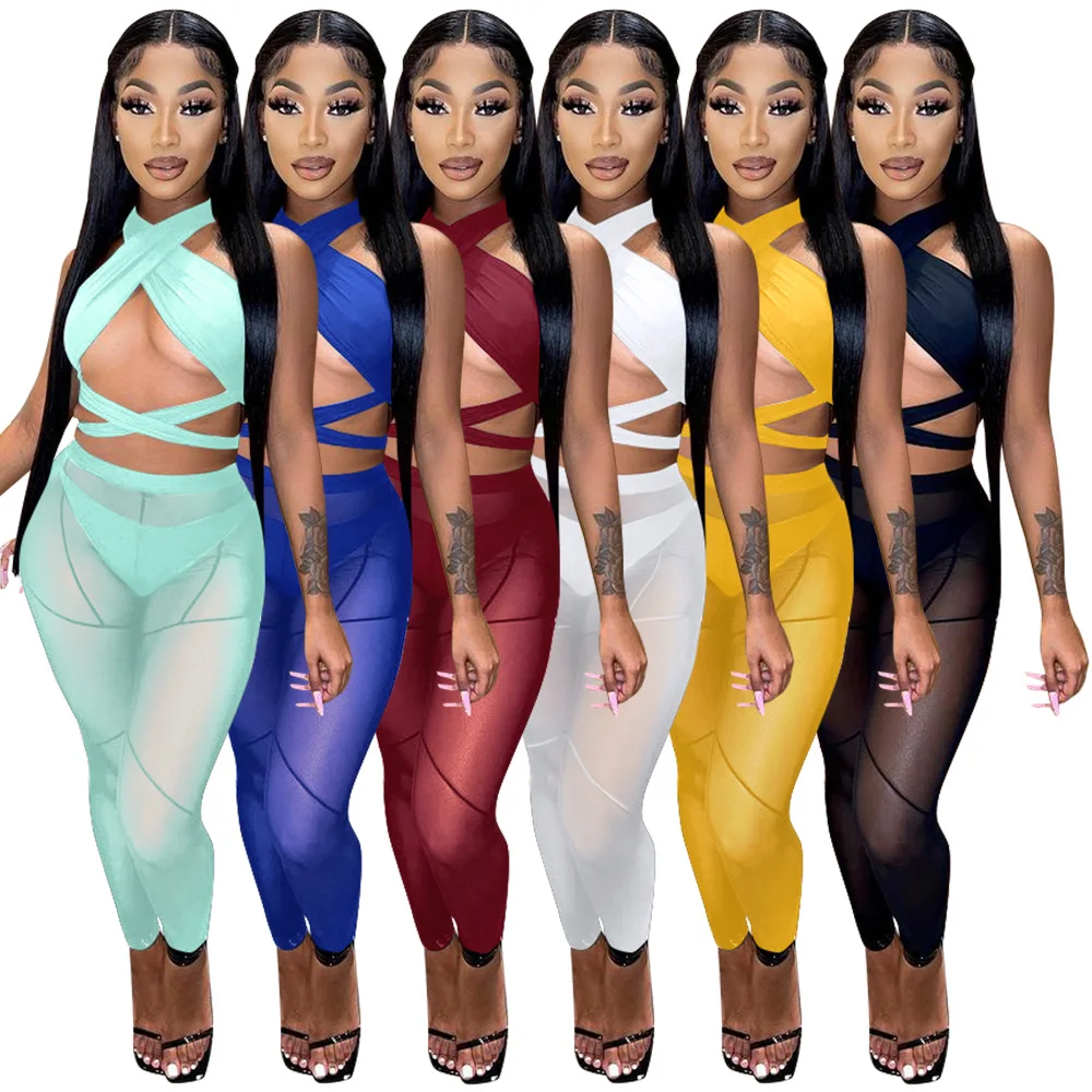 

2022 Spring Summer Women's Sets See Through Mesh 3 Piece Set Bandage Wrap Halter Tops Mesh Pants Three Piece Set Women Sexy