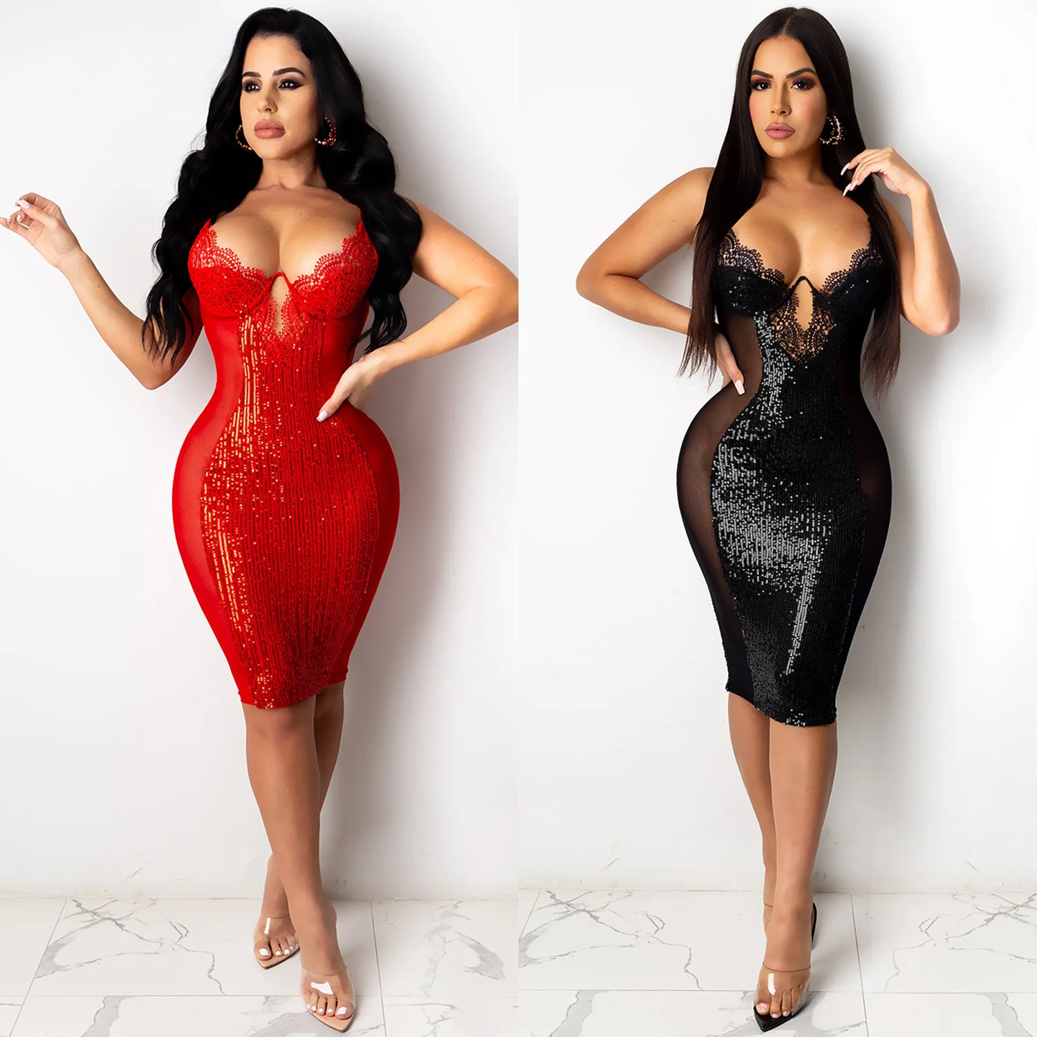 

Robe mesh one piece halter dress hip package hollow out deep v neck lace embroidered sequins women sexy clubbing dresses sexy, Picture color