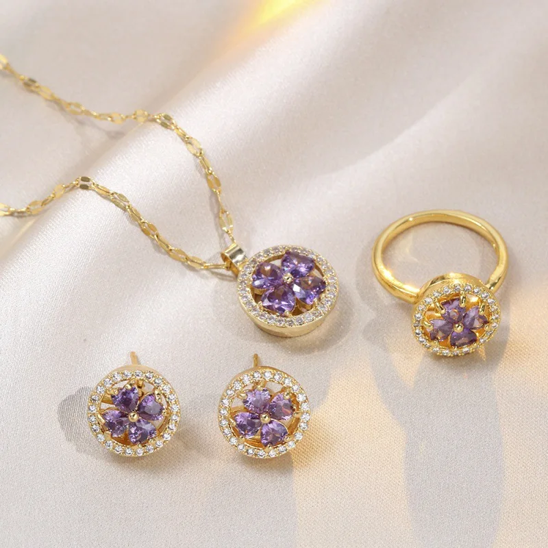 

Minimalist Pink Purple Zircon Necklace Earrings Rings Jewelry Set Rotatable Four Leaf Clover Jewelry Set Wedding Jewelry Sets