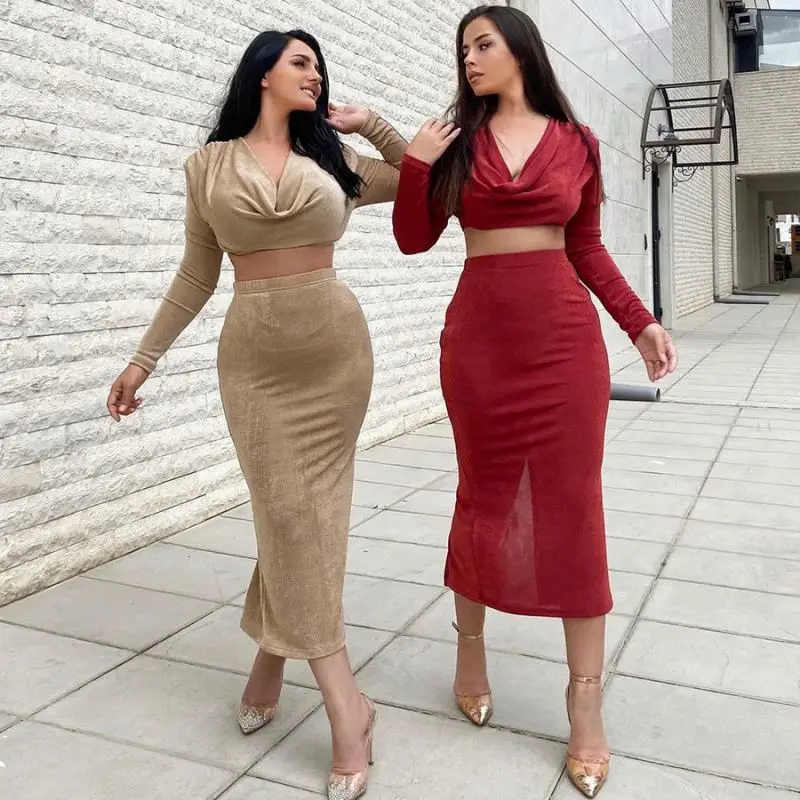 

YP Kliou K21S07519 Deep V-neck Women's Sets Long Sleeves Tops + Dress Autumn Two Piece Set Women