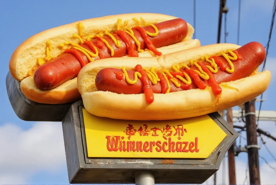 Wienerschnitzel fast food chain sign showing hot dogs with chili sauce