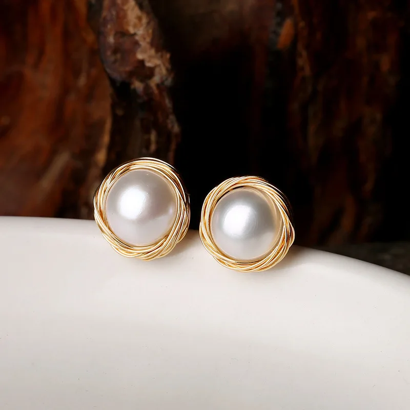 

14K Gold-clad Hand-wound Natural Freshwater Pearl Earrings Retro Pearl Earrings 925 Silver Needle Earrings Jewelry