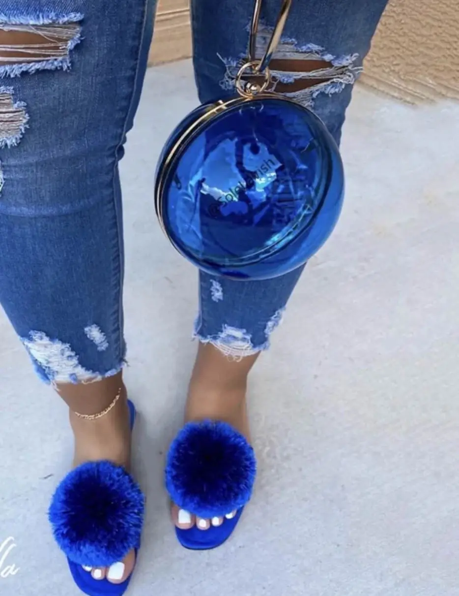 

Transparent Colorful Round Handbag Slippers Ladies Female Round Ball Purse and Matching shoes fur sliders sandals