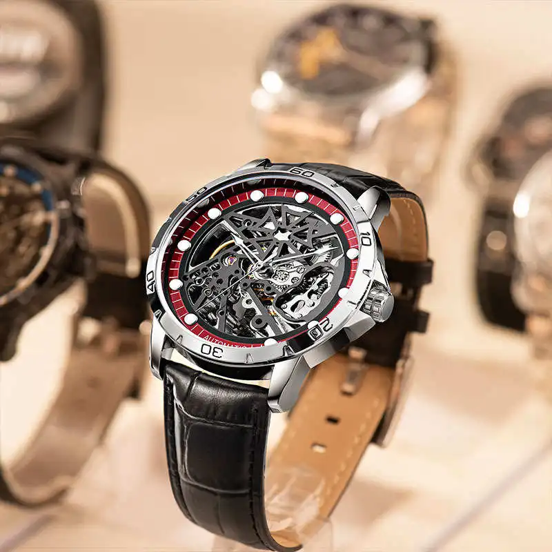 

Black Friday Hollow Out Automatic Watch Mens Genuine Leather Wristbands Wrist Watches Reloj Hombre Tourbillon Mechanical Watch, 4 colors