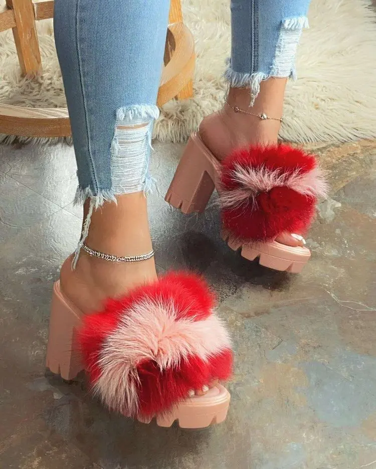 

Fashion plush women's large size high heel platform casual women's slippers red furry slippers womens furry slippers, Customized color