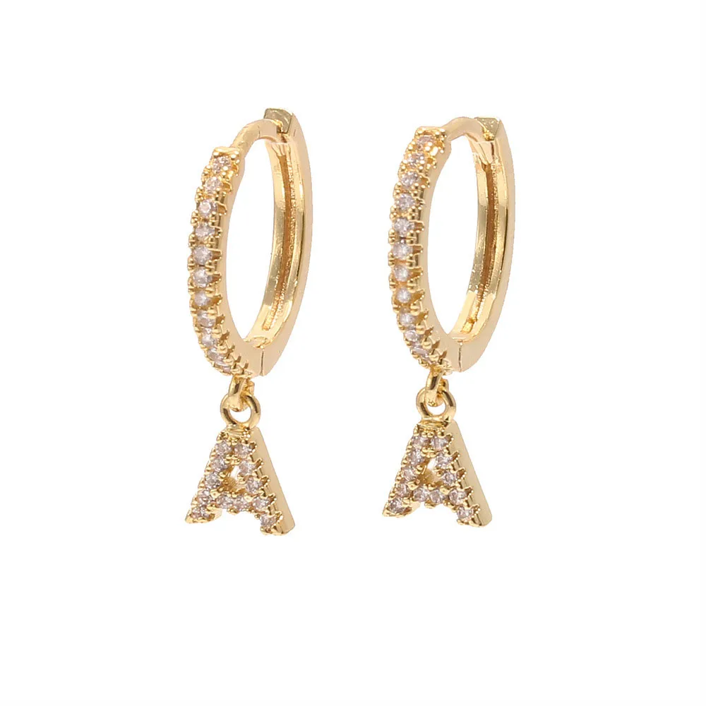 

Brass 18K Gold CZ Crystal 26 Alphabet Small Circle Clip on Hoop Earrings Cubic Zirconia Initial Letter Huggie Hoop Earrings