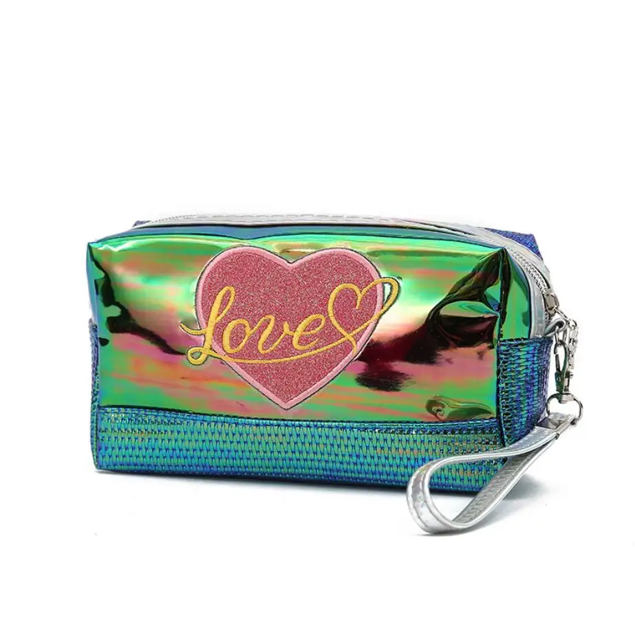 

Cheap wholesale PU leather heart embroidery shiny girls pink cosmetic bag custom logo, 3 colors can choose