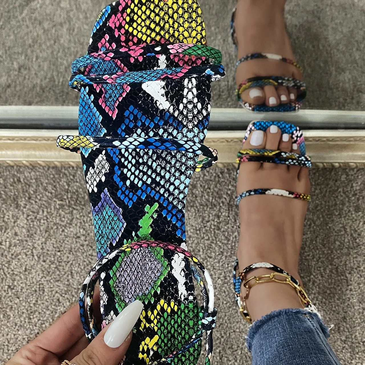 

2021 New Arrival Summer Sandals for Women Fashion Gladiator Slide Sandals Ladies Snake Printing Beach Slippers, 3 colors