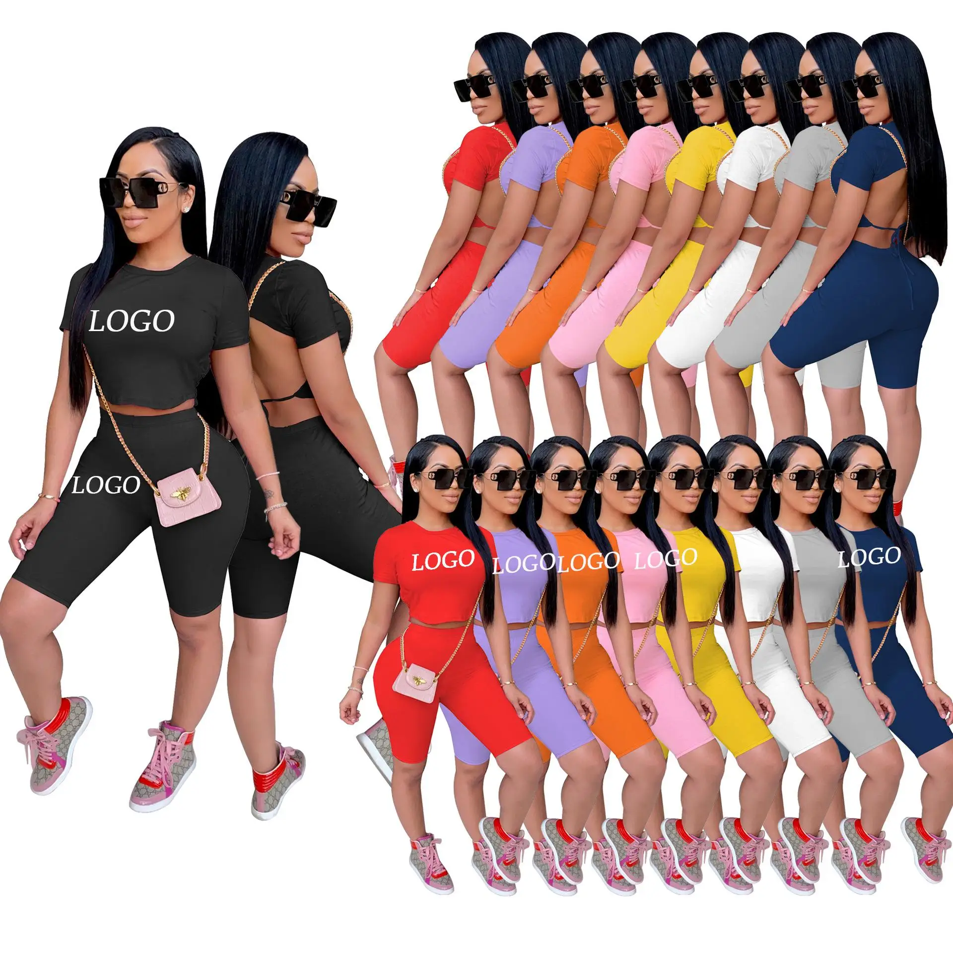 

2021 Latest Design Summer Women Clothing Plain Blank Backless Patchwork Crop Top Tracksuit Outfit Two 2 Piece Set Custom Logo, Picture