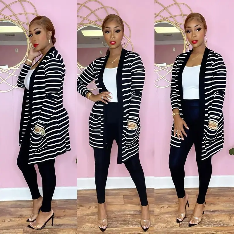 

Z61300 Fall fashion Striped Print Long Sleeve Cardigan Skinny pants women two piece set